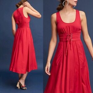 NWT PLENTY Anthropologie Red Corset Lace Up Sleeveless Midi Dress Pockets Size 6